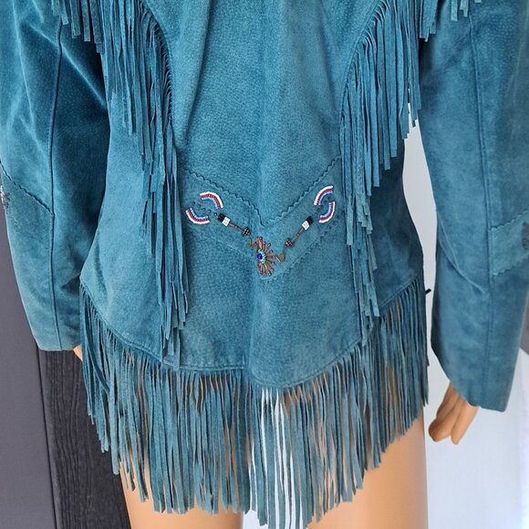 Cowgirl Core Tony Lama Teal Suede Western Jacket Beads Fringe VTG RARE - Picture 8 of 12